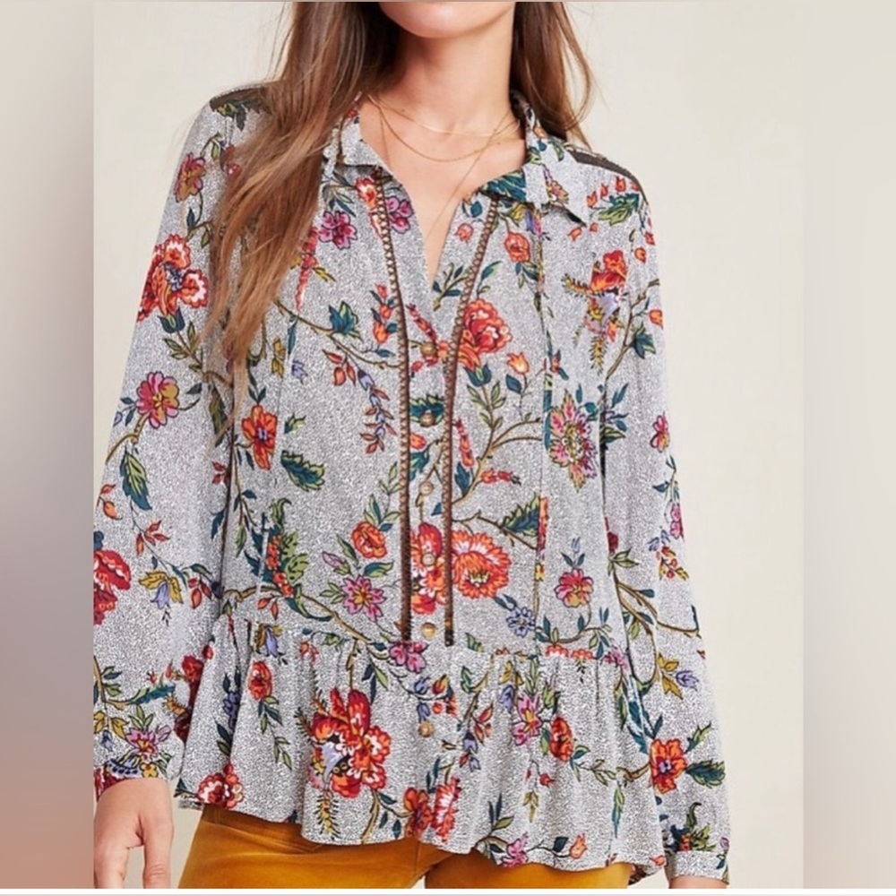 Anthropologie Maeve Janie Flounced Peasant Blouse Floral Boho Top Size 2